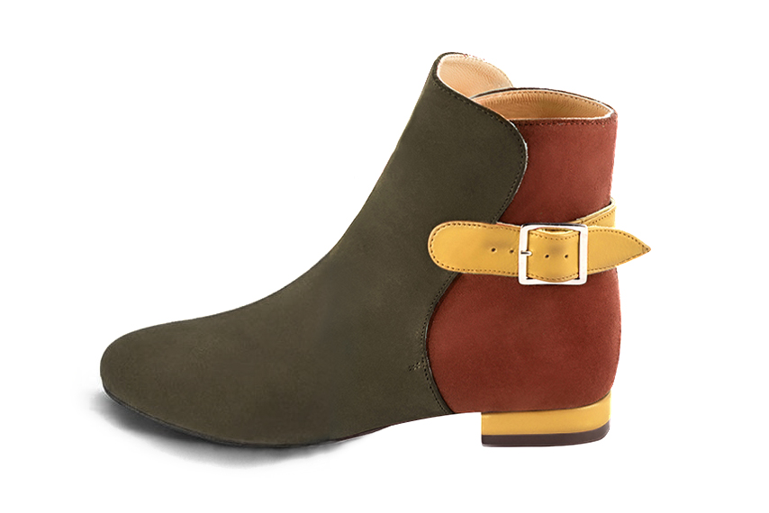 Sophisticated leather ankle boots detailed with an elegant back buckle and heel-strap finish for a distinct couture look, in olive green and terracotta leather with round toe and low block heel - Florence KOOIJMAN